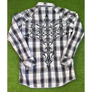 Vintage Buckle X Roar Button Up Med. Y2K Tribal Cross Goth Biker Rockabilly